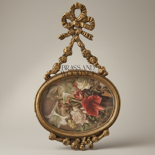 Louis XVI Oval Brass Picture Frame with Bow & Floral Garland Crest