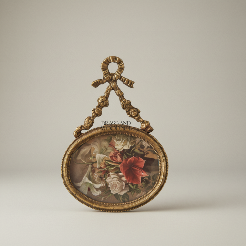 Louis XVI Oval Brass Picture Frame with Bow & Floral Garland Crest