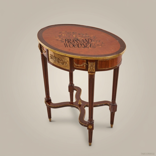 Louis XVI Oval Corner Table Floral Marquetry Antique Brass Ormolu Mounts Mahogany Brass & Wood Front View | Brass & Wood