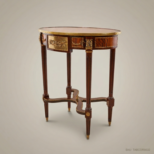 Louis XVI Oval Corner Table Floral Marquetry Antique Brass Ormolu Mounts Mahogany Brass & Wood Front View | Brass & Wood
