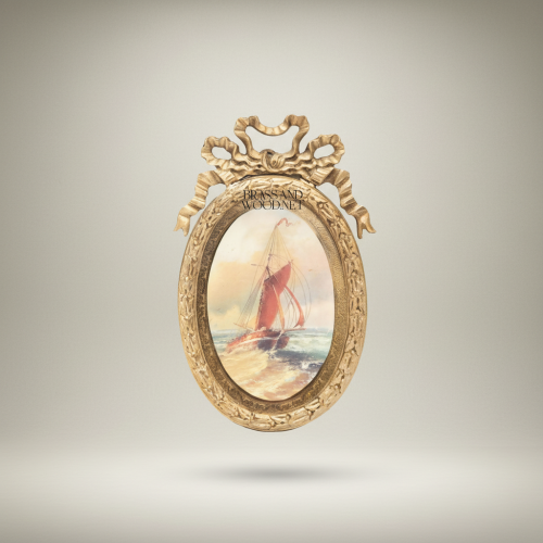 Louis XVI Oval Decorative Wall Plate Bow-Crown Gilded Frame Nautical Sailing Scene Brass and Wood Auntique Front | Brass & Wood