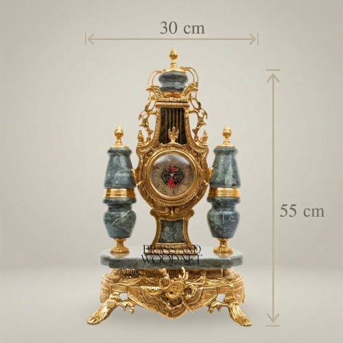 Lyre-Form Marble & Brass Mantel Clock Garniture with Candelabra