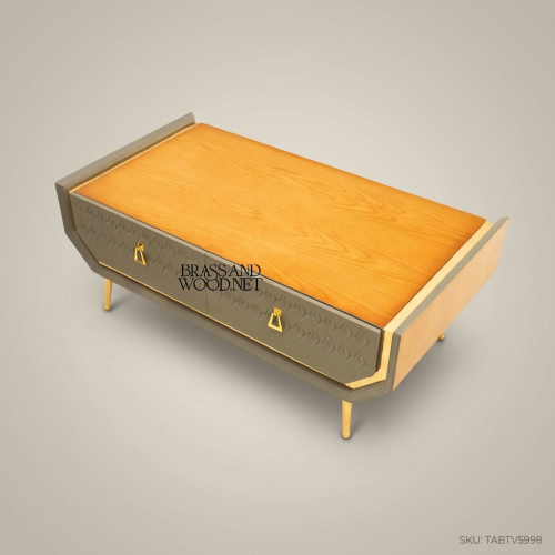 Mid-Century Art Deco TV Console Diamond Carved Taupe Frame Honey Oak Top Gold Brass Legs Brass and Wood Front View | Brass & Wood