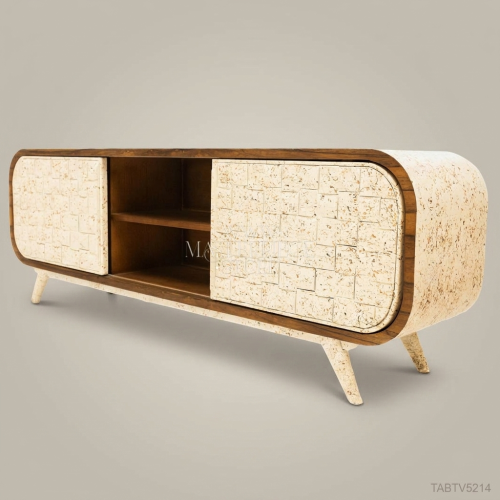 Mid-Century Modern TV Unit Travertine Clad Sliding Doors Rounded Walnut Frame Brass and Wood Front View | Brass & Wood