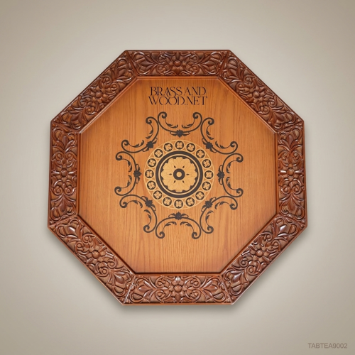 Moorish Octagonal Hand-Carved Solid Wood Tea Table Arabesque Pierced Panels Marquetry Medallion Top Brass & Wood Front View | Brass & Wood