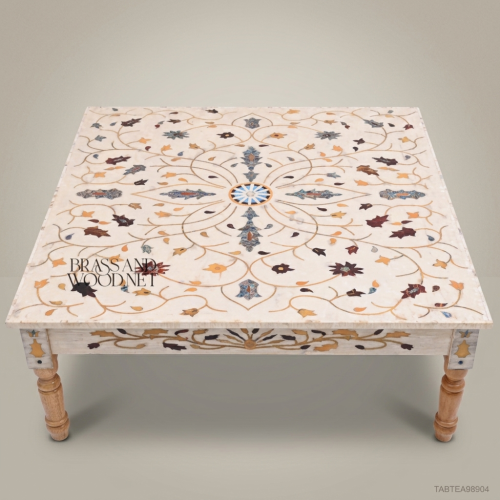 Mughal Pietra Dura White Marble Inlay Tea Table Carved Wood Legs Brass & Wood Front View | Brass & Wood
