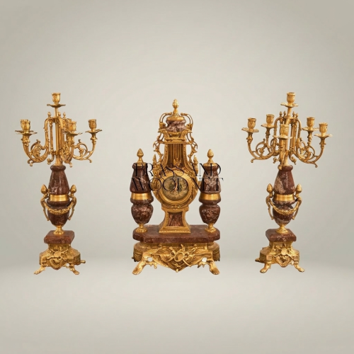 Napoleon III Red Marble & Brass Mantel Garniture Set — Urn Clock with Twin Seven-Arm Candelabra
