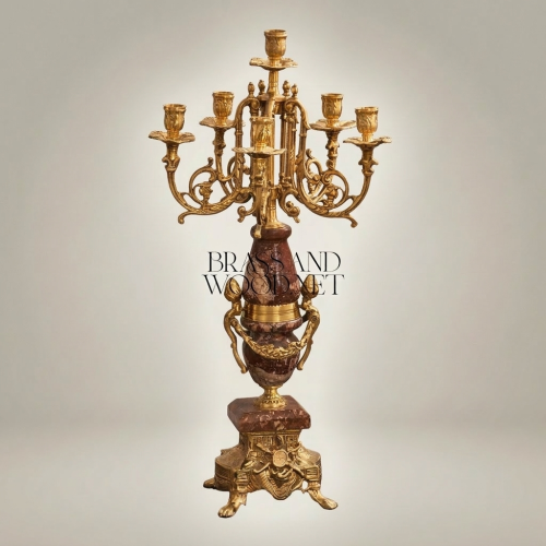 Napoleon III Red Marble & Brass Mantel Garniture Set — Urn Clock with Twin Seven-Arm Candelabra