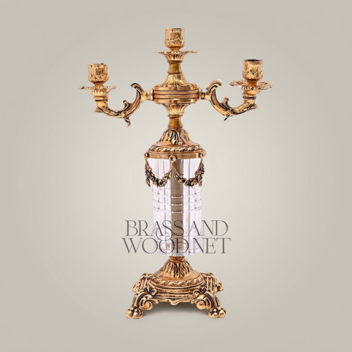 Neoclassical 3-Arm Brass & Crystal Candelabra with Fluted Column and Floral Swag Mounts