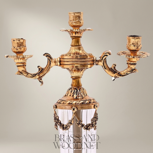 Neoclassical 3-Arm Brass & Crystal Candelabra with Fluted Column and Floral Swag Mounts
