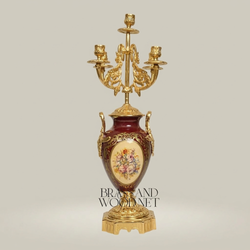 Neoclassical 5-Arm Candelabra with Crimson Porcelain Urn Base and Floral Medallion
