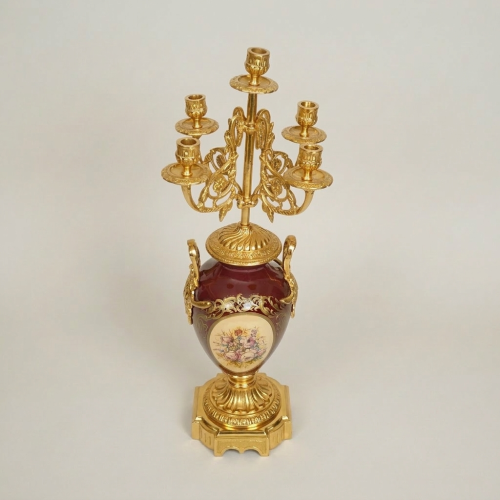 Neoclassical 5-Arm Candelabra with Crimson Porcelain Urn Base and Floral Medallion