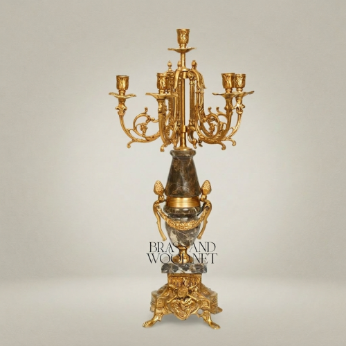 Neoclassical 7-Arm Brass & Marble Candelabra with Foliate Ormolu Base