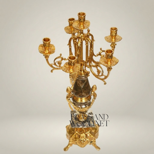 Neoclassical 7-Arm Brass & Marble Candelabra with Foliate Ormolu Base