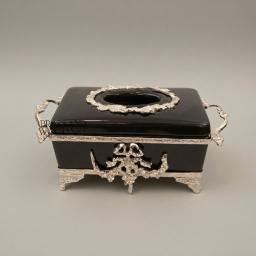 Neoclassical Black Ceramic & Brass Tissue Box with Floral Swag Mounts