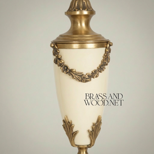 Neoclassical Handcrafted Brass Alabaster Urn Table Lamp Floral Garland Ivory Shade Brass and Wood antique Front | Brass & Wood