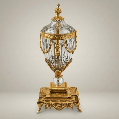 Neoclassical Brass & Crystal Covered Urn Vase with Swag Drapery Mounts