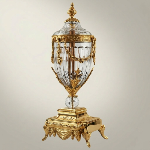 Neoclassical Brass & Crystal Covered Urn Vase with Swag Drapery Mounts