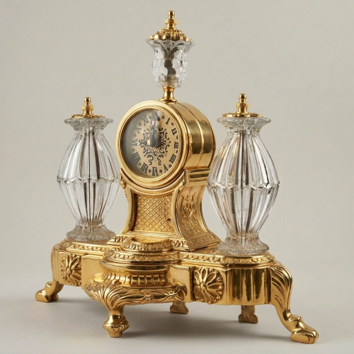 Neoclassical Brass & Crystal Desk Clock Set with Flanking Crystal Urns and Acanthus Base