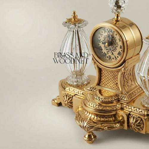 Neoclassical Brass & Crystal Desk Clock Set with Flanking Crystal Urns and Acanthus Base