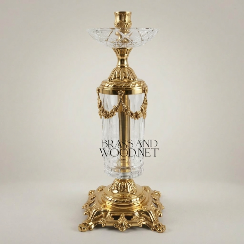 Neoclassical Brass & Crystal Pillar Candlestick with Swag Garland Mounts