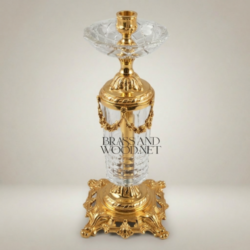 Neoclassical Brass & Crystal Pillar Candlestick with Swag Garland Mounts