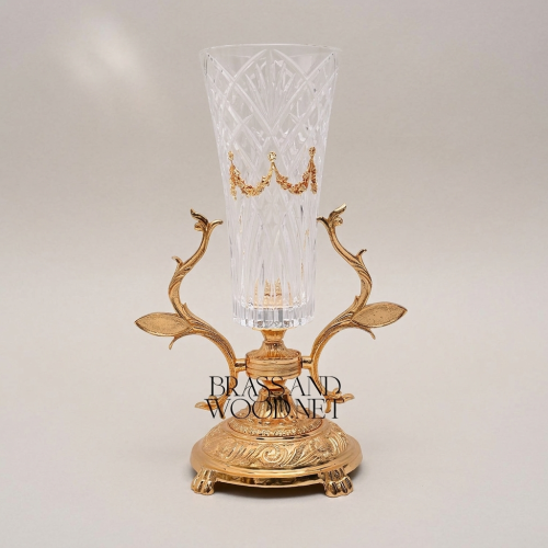 Neoclassical Handcrafted Crystal Trumpet Vase on Ornate Foliate Brass Stand Gold Front | Brass & Wood