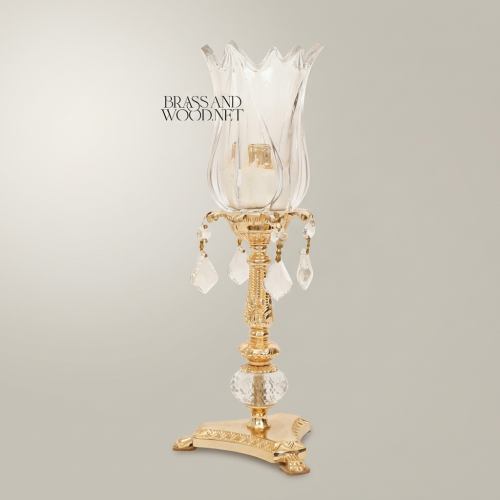 Neoclassical Brass & Crystal Tulip Candle Holder with Crystal Ball Stem and Pendant Drops