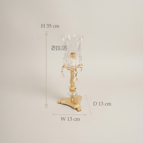 Neoclassical Brass & Crystal Tulip Candle Holder with Crystal Ball Stem and Pendant Drops