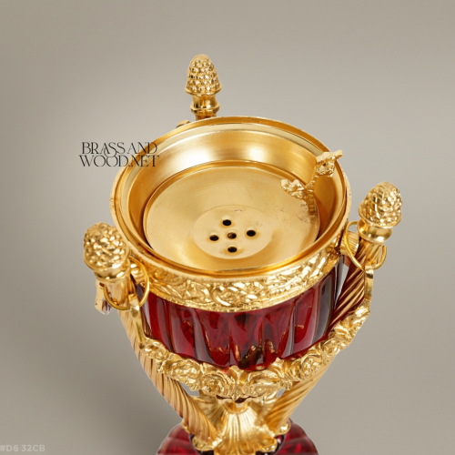 Neoclassical Brass & Crystal Urn Incense Burner with Pinecone Finial & Scrolled Tripod