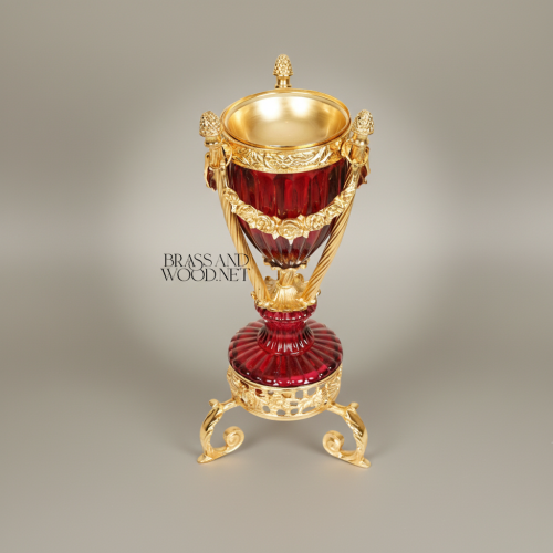 Neoclassical Brass & Crystal Urn Incense Burner with Pinecone Finial & Scrolled Tripod