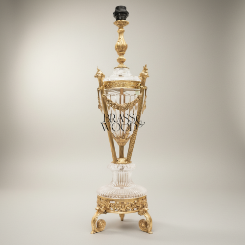 Neoclassical Brass Crystal Urn Table Lamp Ornate Fluted Body Rose Garland Scroll Feet Brass and Wood Gold Front | Brass & Wood