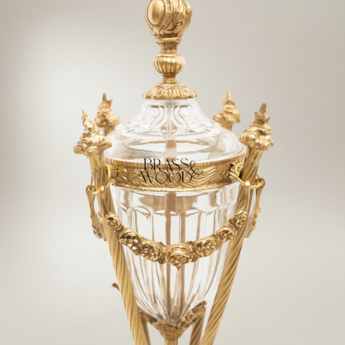 Neoclassical Brass Crystal Urn Table Lamp Ornate Fluted Body Rose Garland Scroll Feet Brass and Wood Gold Front | Brass & Wood