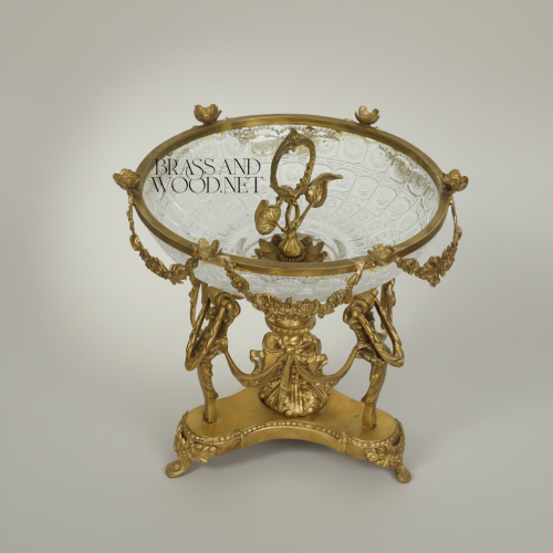 Neoclassical Brass & Engraved Glass Centerpiece Bowl — Caryatid & Swag Stand