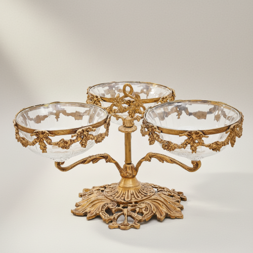 Neoclassical Brass & Glass Triple-Bowl Épergne with Floral Garland Mounts
