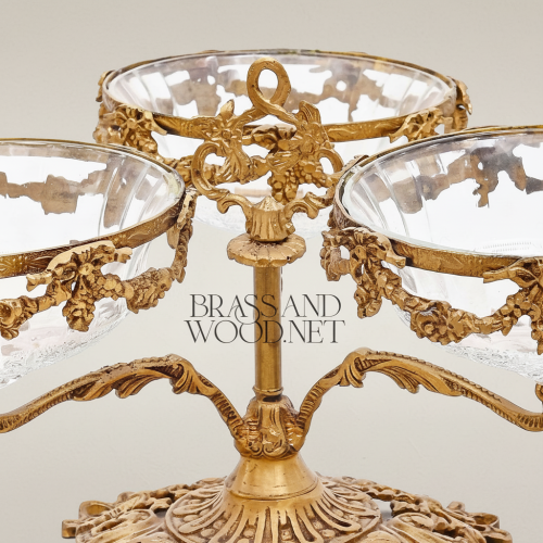 Neoclassical Brass & Glass Triple-Bowl Épergne with Floral Garland Mounts