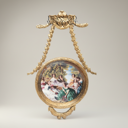 Neoclassical Handcrafted Brass Hanging Decorative Plate Laurel Swag Frame Figurative Scene Brass and Wood Auntique Front | Brass & Wood