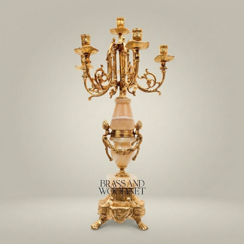 Neoclassical Five-Arm Brass Ormolu Candelabra with Onyx Marble Column and Acanthus Carved Base Gold Front | Brass & Wood