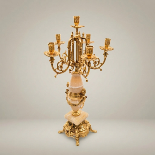 Neoclassical Five-Arm Brass Ormolu Candelabra with Onyx Marble Column and Acanthus Carved Base Gold Front | Brass & Wood
