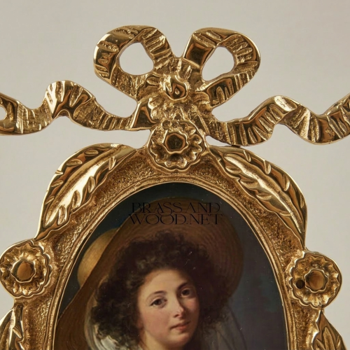 Neoclassical Brass Oval Wall Plate with Ribbon Bow & Floral Garland Frame