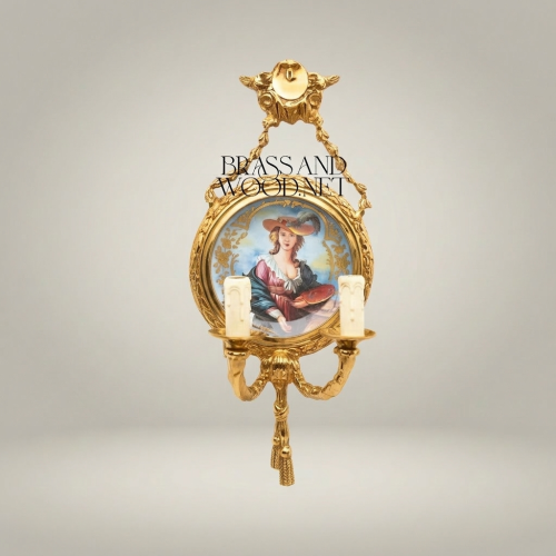 Neoclassical Brass Wall Sconce Two-Arm Candle Light with Hand-Painted Porcelain Lady Medallion Brass and Wood Gold Front | Brass & Wood