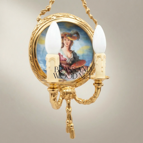 Neoclassical Brass Wall Sconce Two-Arm Candle Light with Hand-Painted Porcelain Lady Medallion Brass and Wood Gold Front | Brass & Wood