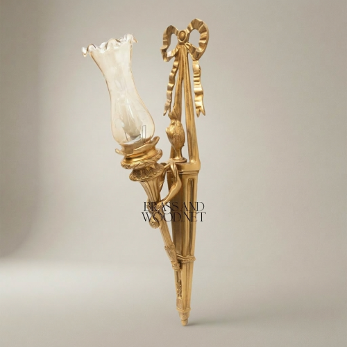 Neoclassical Brass Torch Wall Sconce Ribbon Bow Frosted Glass Shade Brass and Wood Gold Front | Brass & Wood