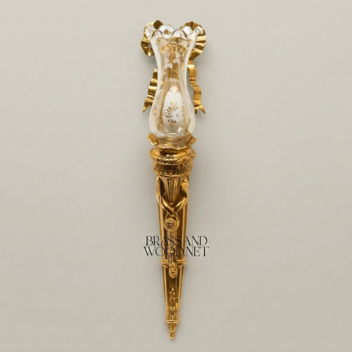 Neoclassical Brass Torch Wall Sconce Ribbon Bow Frosted Glass Shade Brass and Wood Gold Front | Brass & Wood