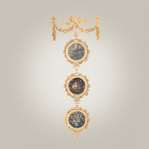 Neoclassical Brass Triple Medallion Wall Hanging Floral Panels Ribbon Swag Crown Brass and Wood Gold Front | Brass & Wood