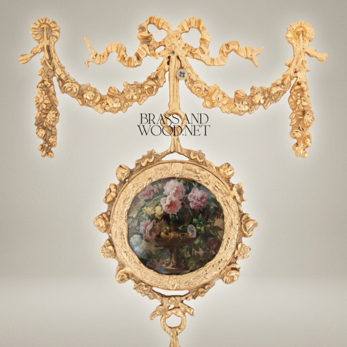 Neoclassical Brass Triple Medallion Wall Hanging Floral Panels Ribbon Swag Crown Brass and Wood Gold Front | Brass & Wood