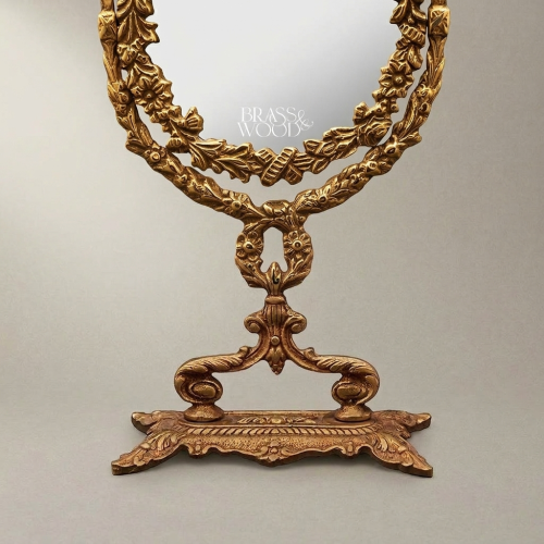 Neoclassical Heavily Ornate Brass Tabletop Vanity Mirror Laurel Wreath Bow Stand Brass and Wood Gold Front | Brass & Wood