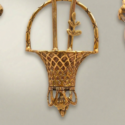 Neoclassical Handcrafted Brass Double Arm Wall Sconce Lattice Basket Body Bow Crown Glass Shades Brass and Wood Gold Front | Brass & Wood