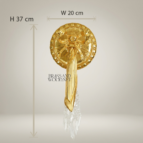 Neoclassical Brass Wall Sconce Carved Rosette Backplate Crystal Drops Brass and Wood Gold Front | Brass & Wood