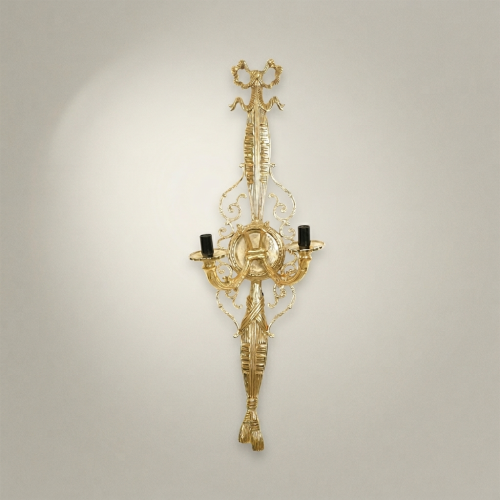 Neoclassical Two-Arm Brass Wall Sconce Torch Tassel Ornate Louis XVI Gold Front | Brass & Wood